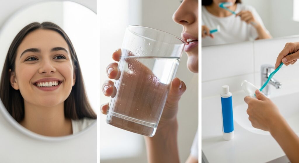 split image showing three routine tasks for a beautiful smile, the left one shows smiling in the mirror, the middle one suggests being hydrated, and the right one shows brushing and oral care