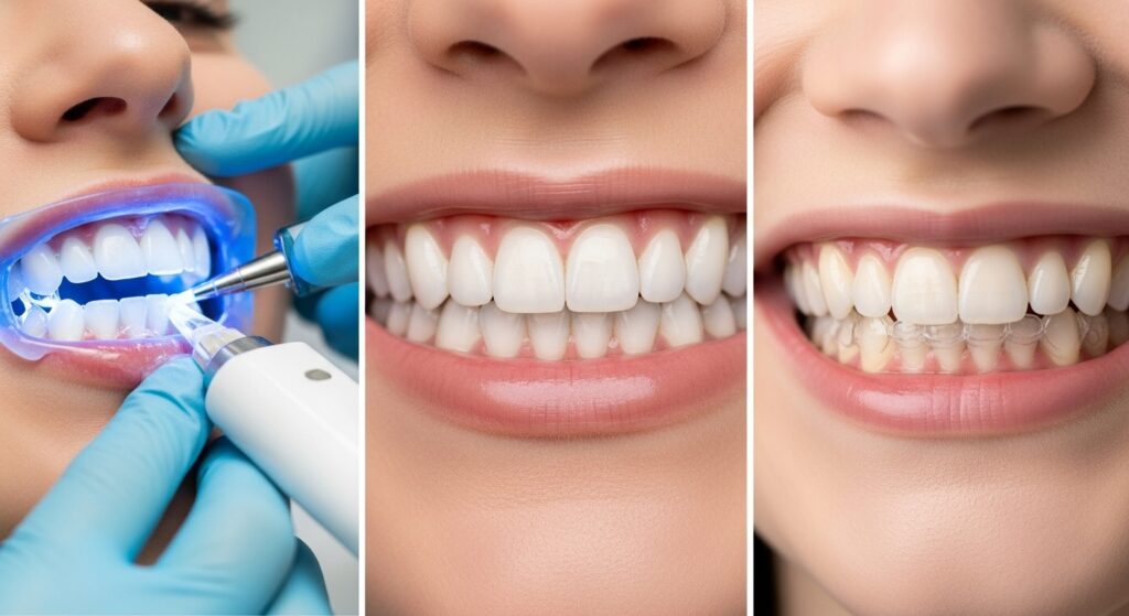 split image showing three different cosmetic procedures for a beautiful smile, the left one shows whitening, the middle one shows veneers, and the right one shows orthodontics