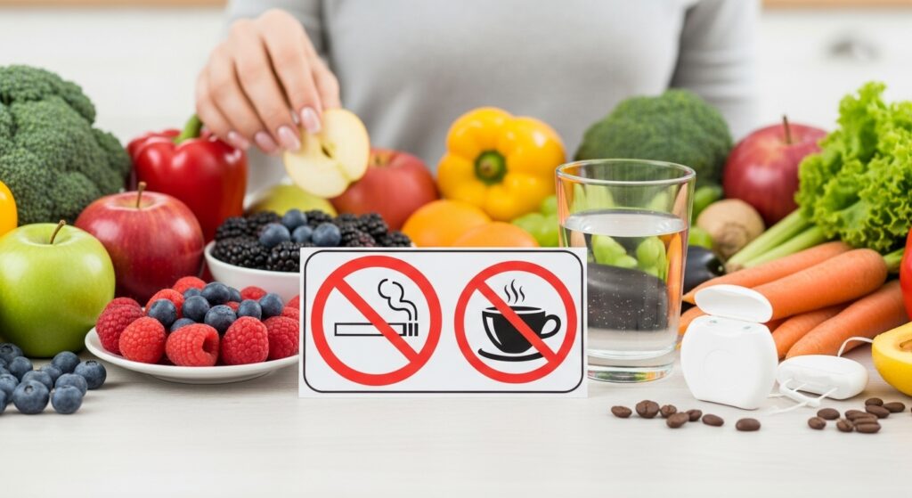 image shows healthy fruits and vegetables that are part of a healthy diet for a beautiful smile with forbidden stickers on smoking and coffee