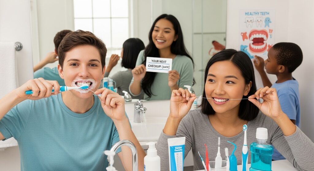 image showing a boy with a toothbrush and a girl flossing her teeth, while another girl has a dental checkup appointment, highlighting the importance of maintenance for a beautiful smile.