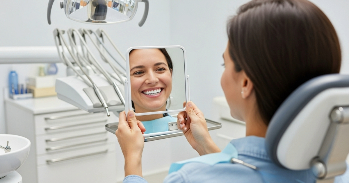 A patient in a dental chair holds a mirror and smiles at her bright, newly whitened teeth, enjoying the smile aesthetics benefits of teeth whitening treatment.