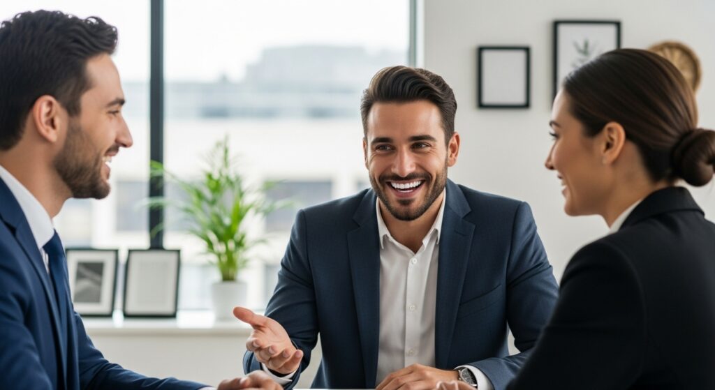 A successful candidate confidently smiles and engages in a professional discussion, demonstrating the benefits of teeth whitening treatment in a job interview setting.