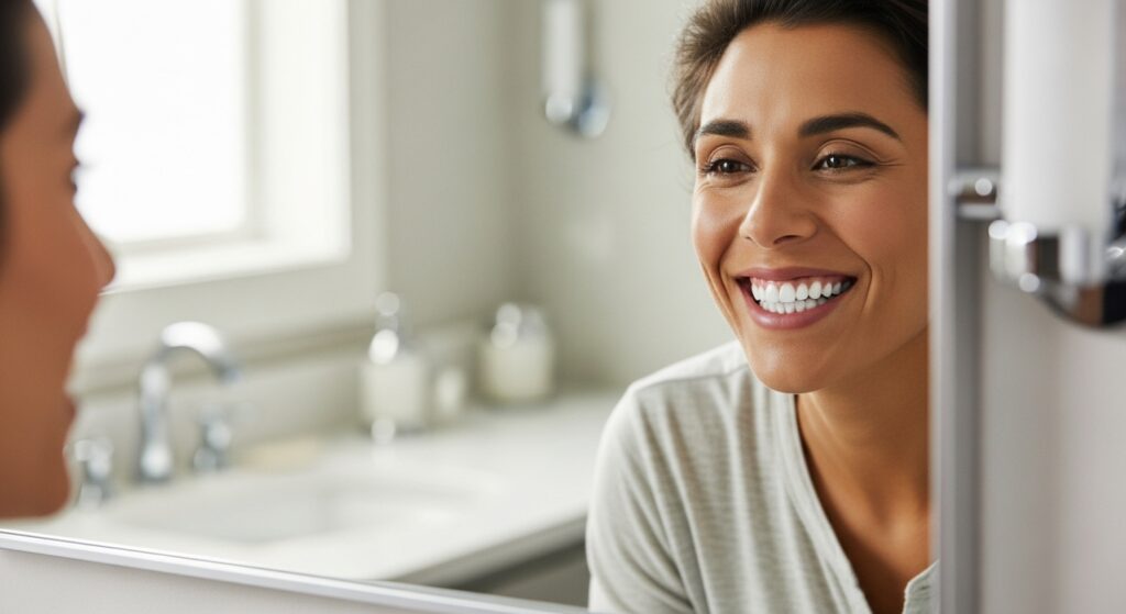 A smiling woman looks confidently at her reflection in the mirror, showcasing the impressive benefits of teeth whitening treatment.