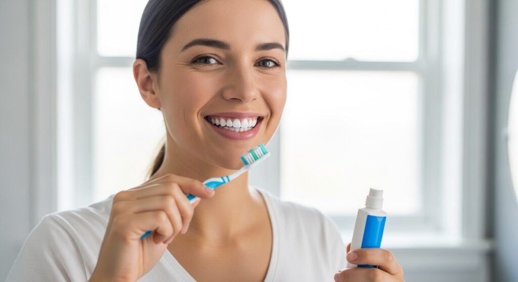 A young woman smiles brightly while holding a toothbrush and toothpaste, highlighting the importance of better oral hygiene habits after a teeth whitening treatment.
