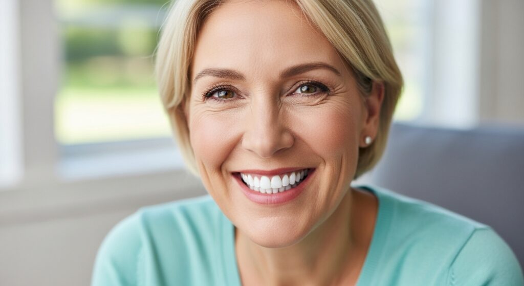 A confident, middle-aged woman with a radiant smile shows off the benefits of teeth whitening treatment, making her appear naturally more youthful.