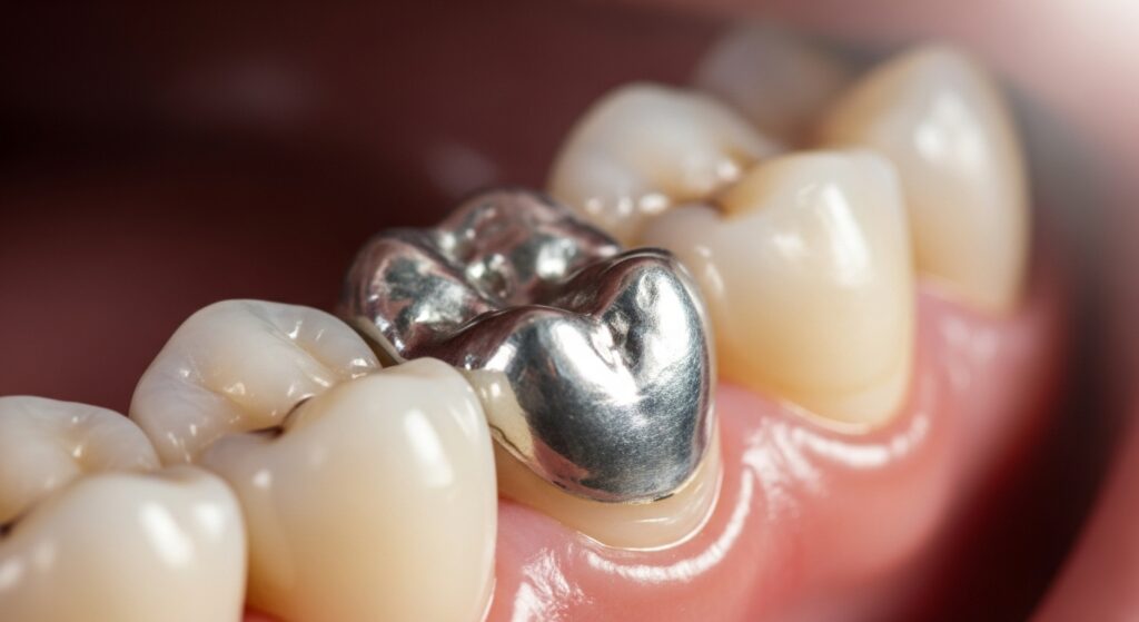Close-up of a durable, silver-colored amalgam filling in a posterior molar.