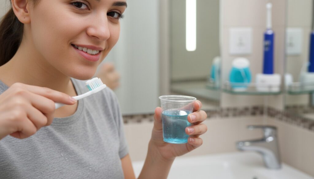 Woman in a bathroom holding a toothbrush and a cup of mouthwash, smiling while focusing on her dental filling hygiene routine.