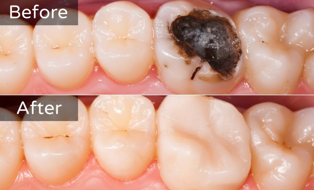Split image comparing a molar before with a large, dark cavity and after a dental procedure, showing a tooth-colored filling, highlighting the important facts about fillings.