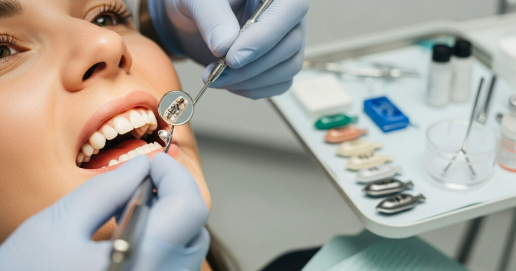 Close-up of a patient during a dental exam where a dentist checks for cavities and old fillings. Learn the facts about fillings and check-ups.
