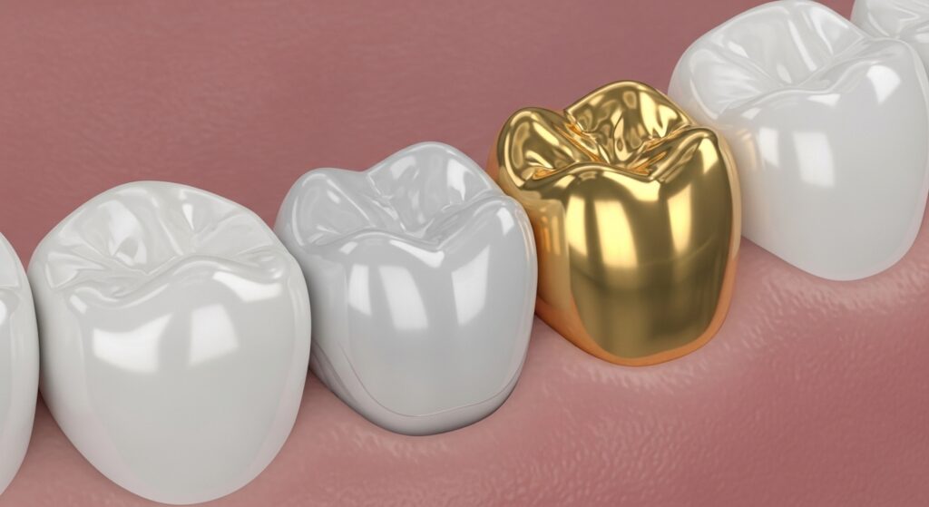 Close-up rendering of a highly durable gold filling contrasting with surrounding teeth.