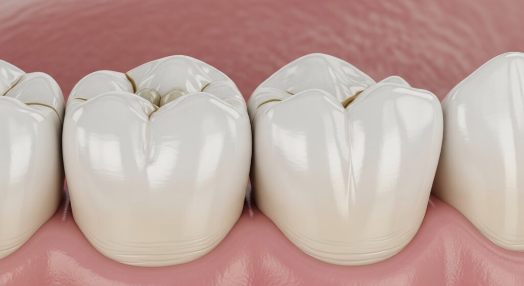 Natural-looking, tooth-colored filling (composite resin) seamlessly placed in a molar, highlighting facts about fillings in the cosmetic field.