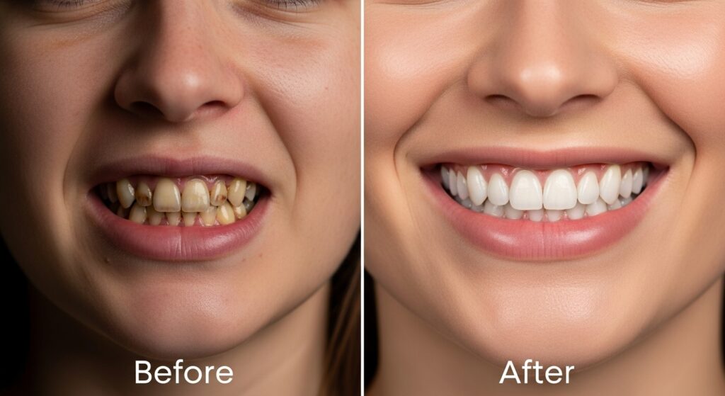 A split image showing a close-up of a person's mouth, with the "Before" side featuring severely yellowed and stained teeth, and the "After" side displaying a dramatic transformation to a bright, white, and perfectly aligned smile.