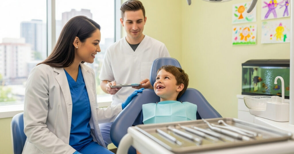 A friendly female dentist providing dental services you can expect from a family dentist to a young boy in a dental chair, with a male assistant standing nearby.