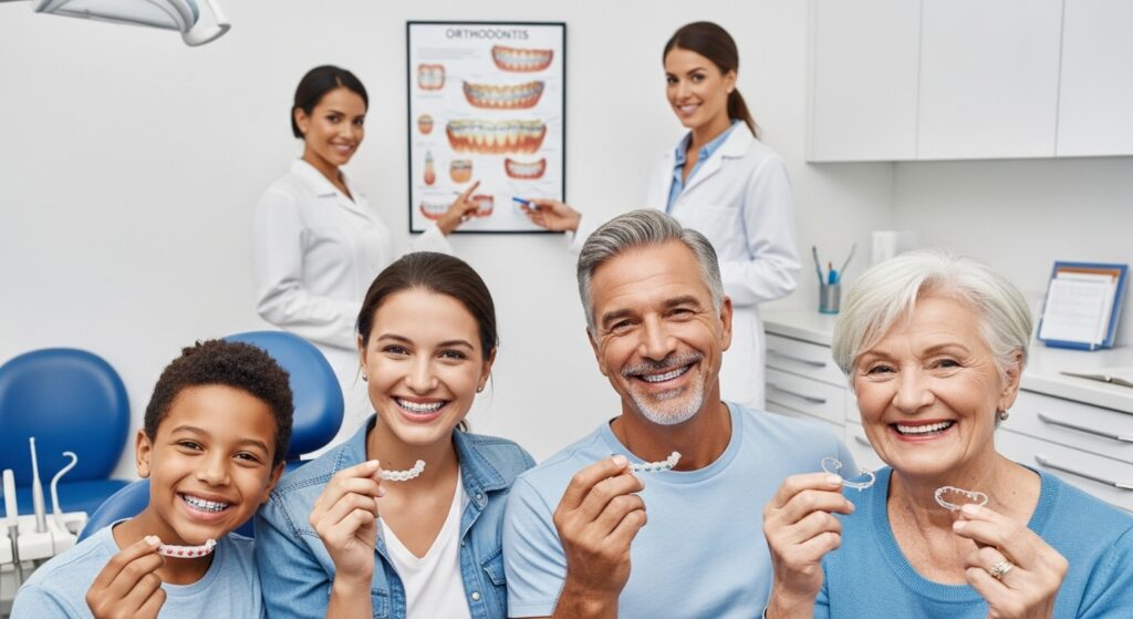 A happy multi-generational family (a boy with braces, a woman, a man, and an older woman) holding clear dental retainers in a brightly lit orthodontist's office, with two female dental professionals smiling in the background next to an orthodontic chart.