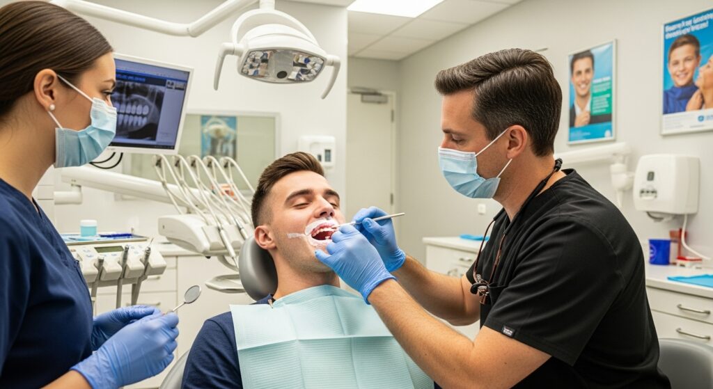 A male patient receiving professional dental services you can expect from a family dentist, with a dentist and assistant wearing masks.