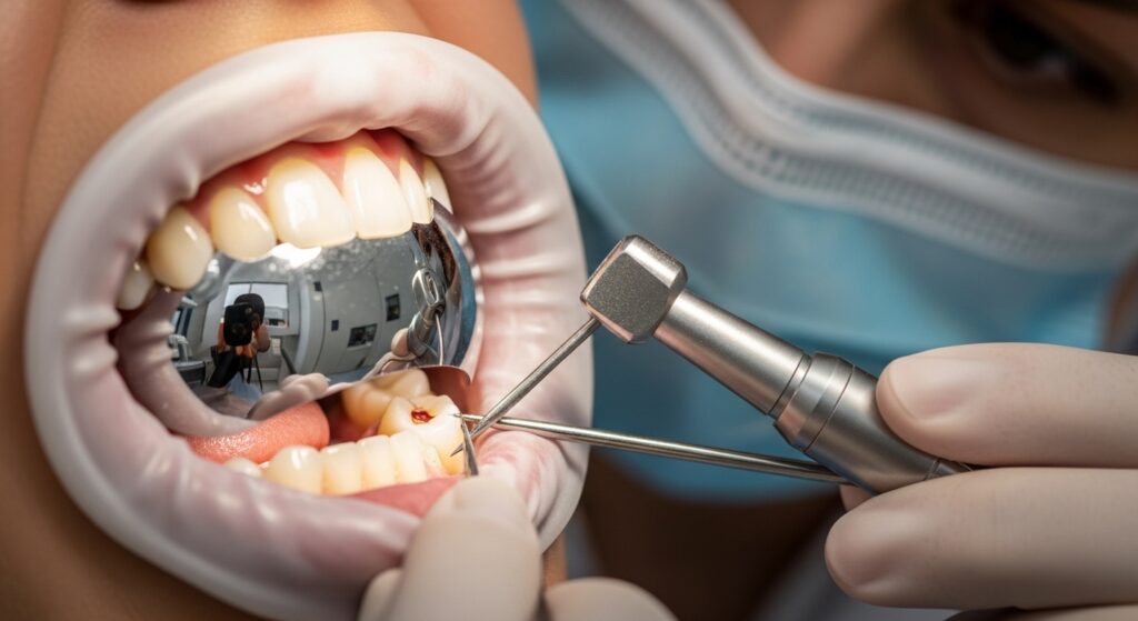 A close-up of a patient's mouth during dental work, showing a mirrored reflection of the dental office in the metal cheek retractors.