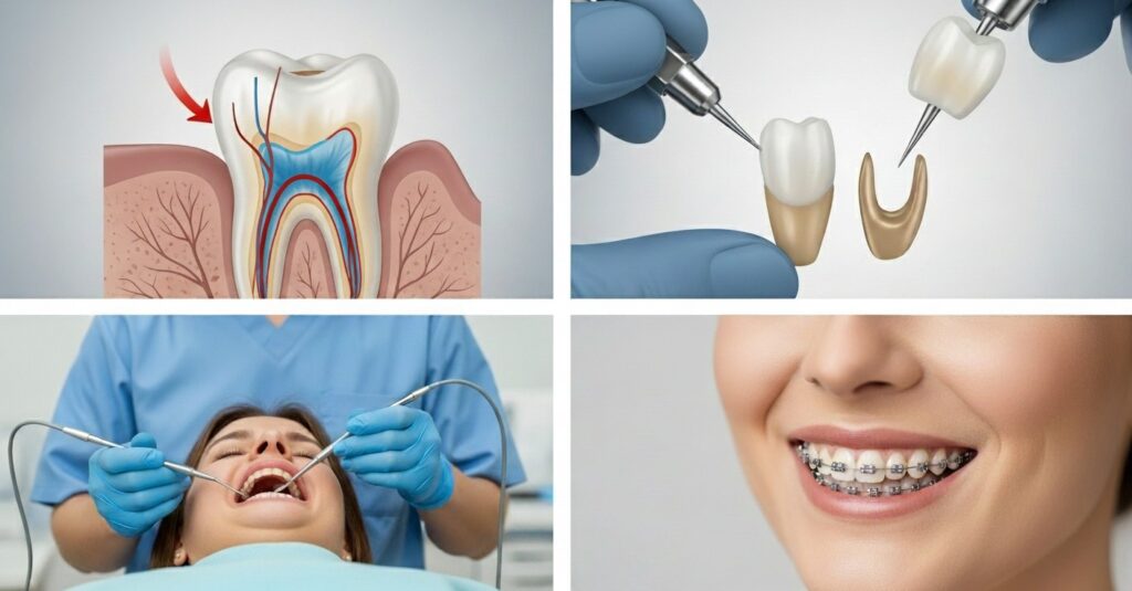 Four panels illustrating tooth extraction alternatives: a root canal diagram, a dental crown fitting, a patient receiving periodontal treatment, and a person smiling with braces.