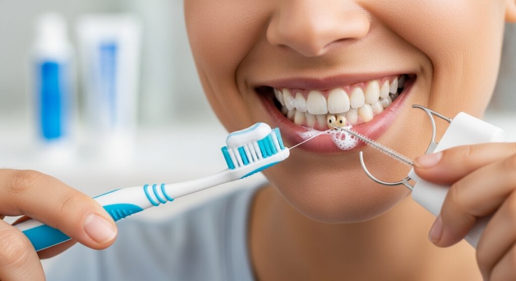 Close-up image of a person smiling while using a toothbrush and a floss threader to clean under a dental bridge, highlighting proper hygiene and dental care.