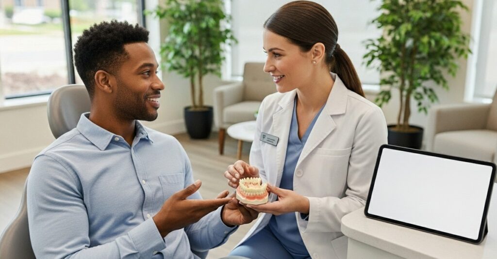Close-up image of a dentist explaining a model of teeth and gums with dental bridges to a male patient, emphasizing options for missing teeth.