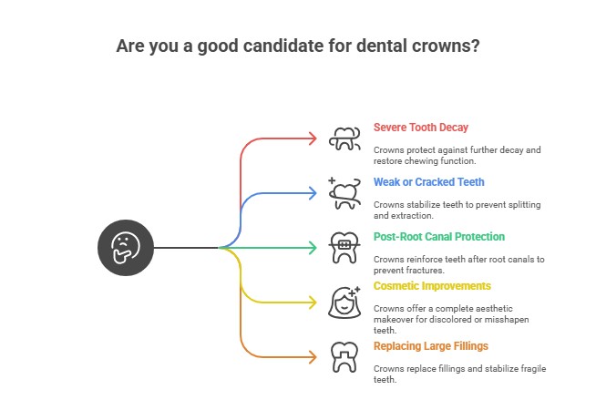 Infographic displaying indications for dental crowns, such as tooth decay, cracked teeth, post-root-canal protection, cosmetics, and replacing large fillings.