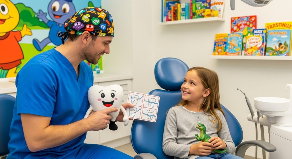 image portrays a friendly dentist, holding a tooth-doll, explaining a procedure to his patient who is a young girl and looks relaxed and smiling.