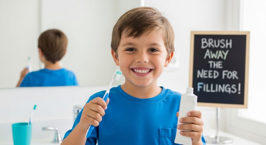 Image displaying a young boy holding a toothbrush in one hand and a toothpaste in the other, with the sign "Brush away the need for fillings!" in the back.