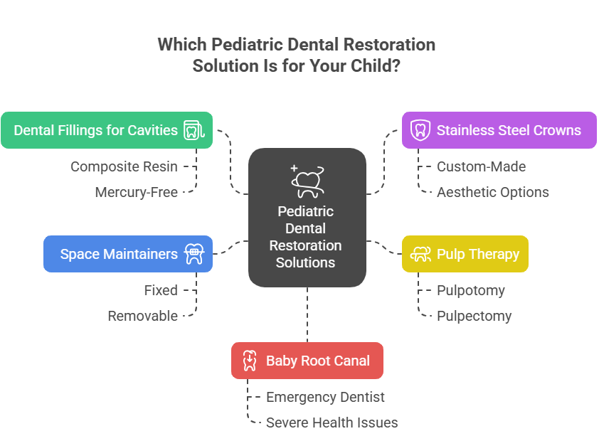 An infographic demonstrating what pediatric dentists restore, such as dental fillings for cavities, stainless steel crowns, space maintainers, pulp therapy, baby root canal.