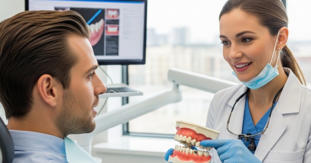 a professional dentist explaining dental veneers vs bonding