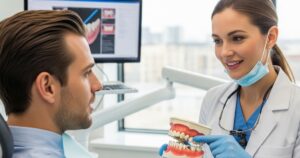 a professional dentist explaining dental veneers vs bonding