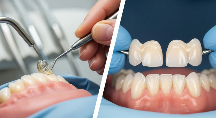 Split image showing the schematic look of dental veneers vs bonding