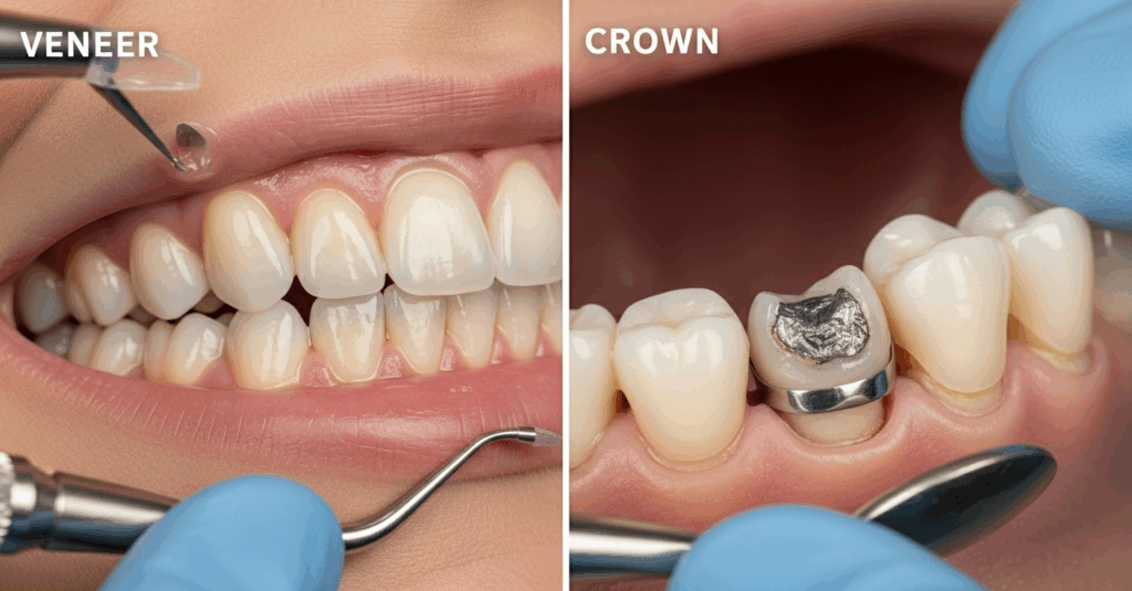 split image displaying a dental veneer on the left and a dental crown on the right.