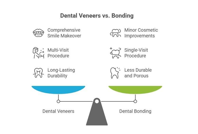 An infographic demonstrating the differences between dental veneers vs bonding, such as their purpose, maintenance, and procedure