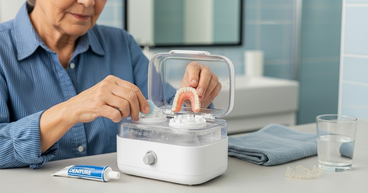 Elderly woman applying the best denture cleaner options by adding an effervescent cleaning tablet and her upper denture to an ultrasonic cleaning machine.