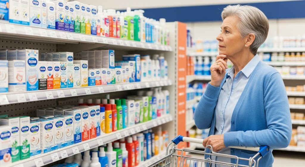 Elderly woman with a shopping cart choosing the best denture cleaners from a wide selection on a store shelf.