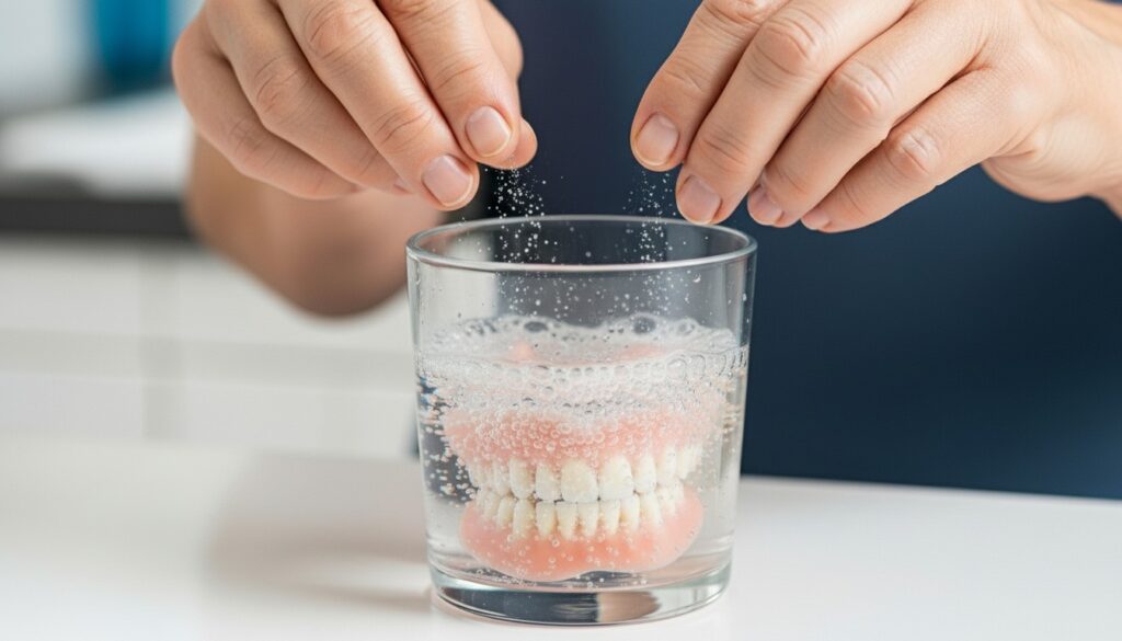 Hands dropping a denture cleaning tablet into a glass of water with dentures, creating fizz.