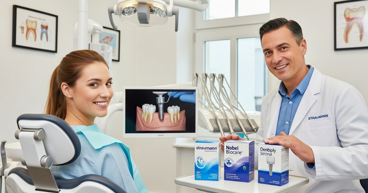 A dentist presents top dental implant brands (Straumann, Nobel Biocare, Dentsply Sirona) to a smiling patient, with a 3D implant animation on screen.