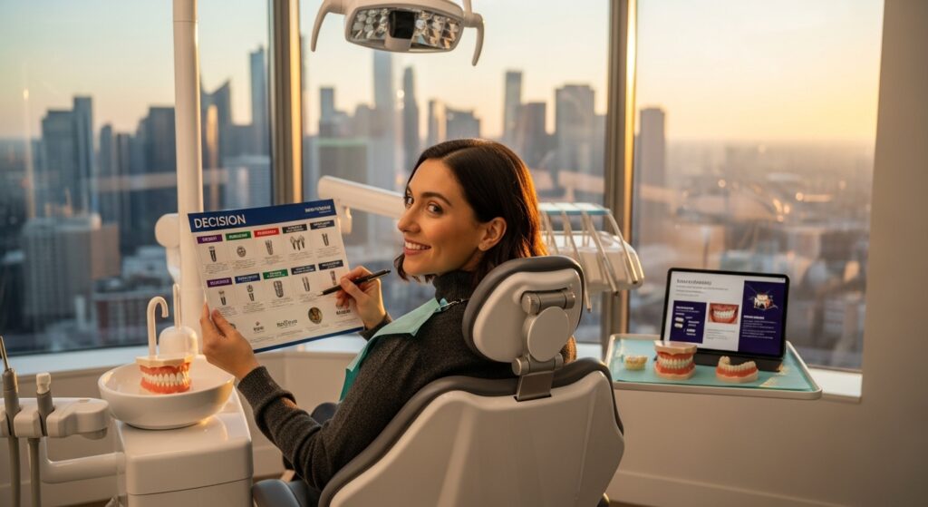 Smiling woman in a modern clinic reviews a "DECISION" chart featuring different Top Dental Implant Brands 2025, with a city skyline view.