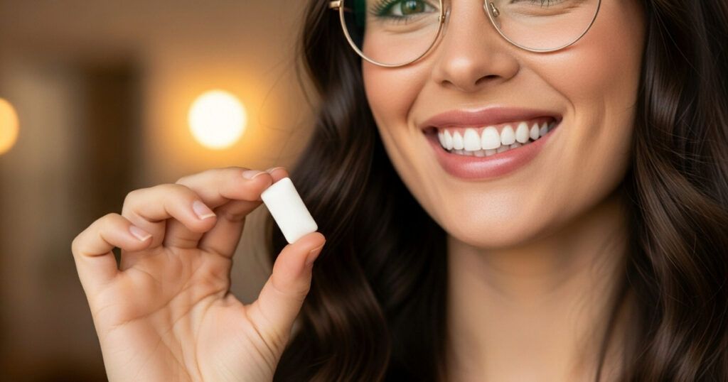 Close-up of a happy woman with bright white teeth and glasses holding a piece of the best teeth whitening gum.