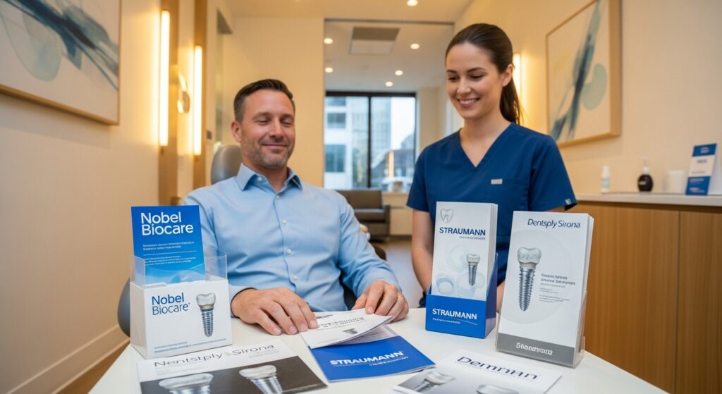A patient reviews brochures for Top Dental Implant Brands 2025 (Nobel BioCare, Straumann, Dentsply Sirona) with a smiling dental professional.
