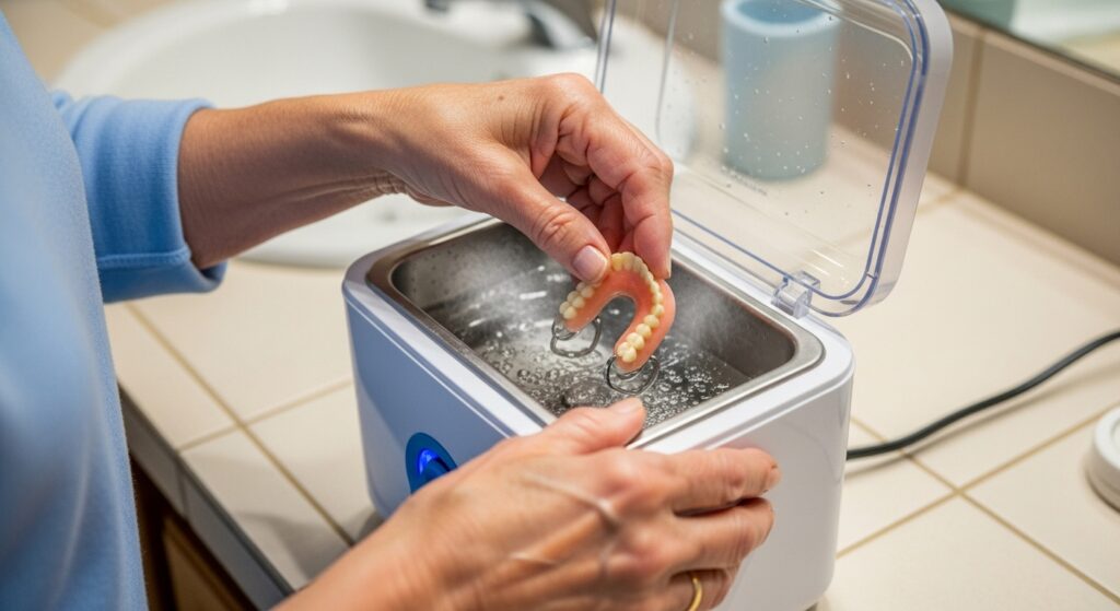 A woman placing a partial denture into an ultrasonic cleaner with bubbling water for a deep, high-tech clean.