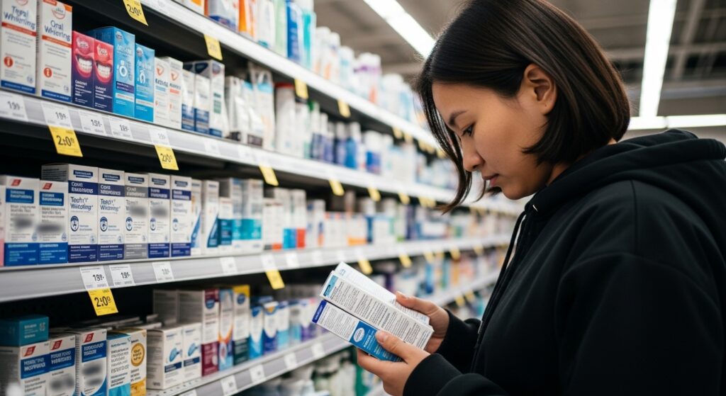 Woman in a store reading labels on boxes of teeth whitening products, deciding on the best teeth whitening gum for her.