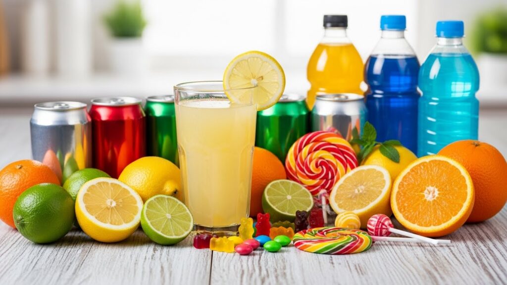 Soft drinks, sodas, sports drinks, colorful hard candies, and citrus fruits; sugary and acidic foods to avoid after a dental crown.