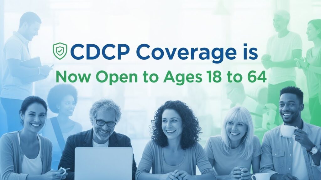 A diverse group of smiling people alongside text stating CDCP coverage is open to ages 18 to 64, ideal for a Canadian Dental Care Plan Renewal.