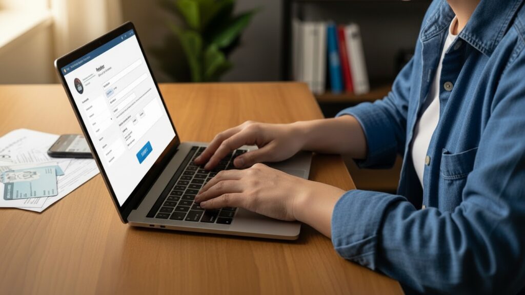 A person types on a laptop to complete their Canadian Dental Care Plan Renewal, with dental documents and ID cards nearby on a wooden desk.