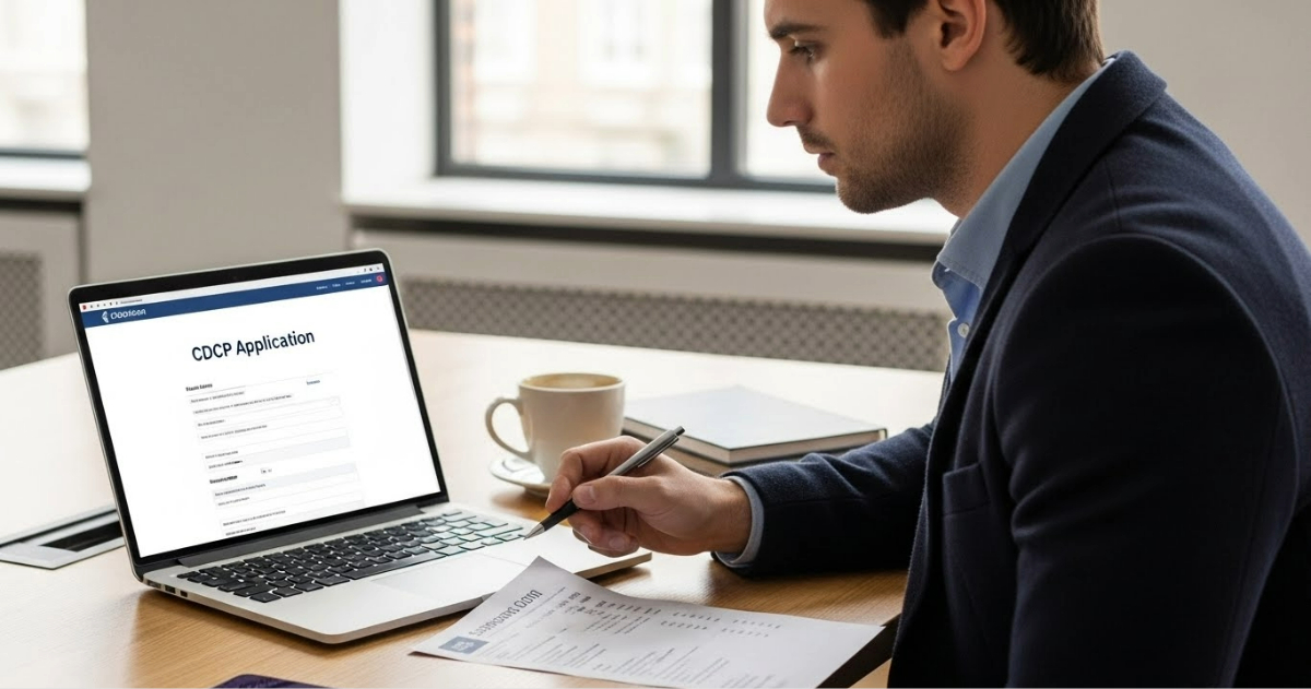 A person completing their Canadian Dental Care Plan Renewal online via a laptop to ensure continuous benefits for the following year.