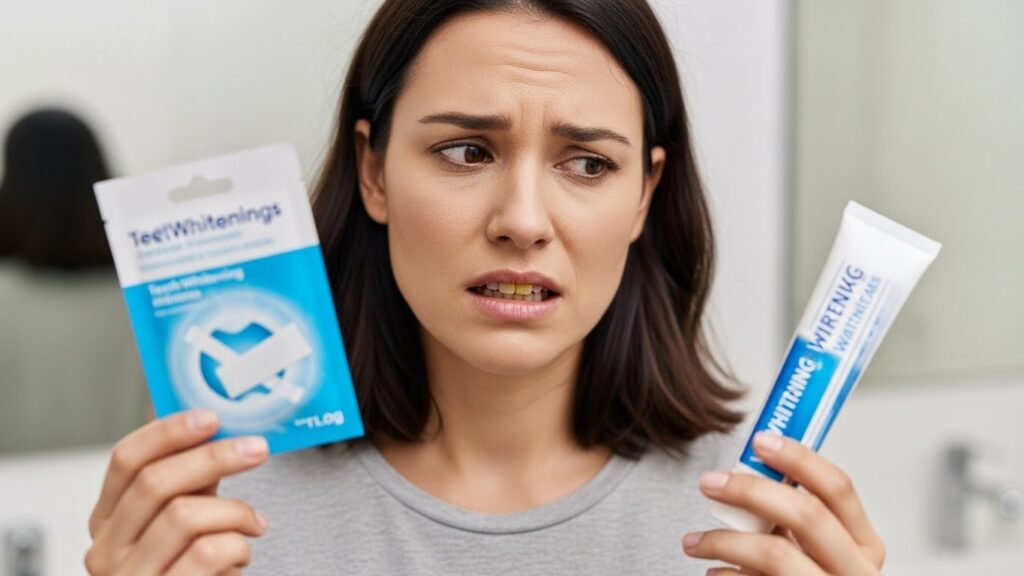 A woman comparing whitening products for yellow teeth, searching for the best teeth whitening for smokers to remove deep tobacco stains.