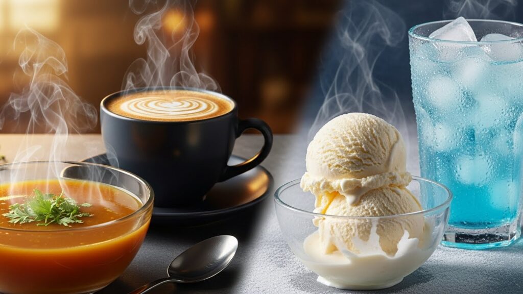 Extreme temperatures: Steaming hot coffee and soup next to ice cream and cold soda; these items are among the foods to avoid after a dental crown.