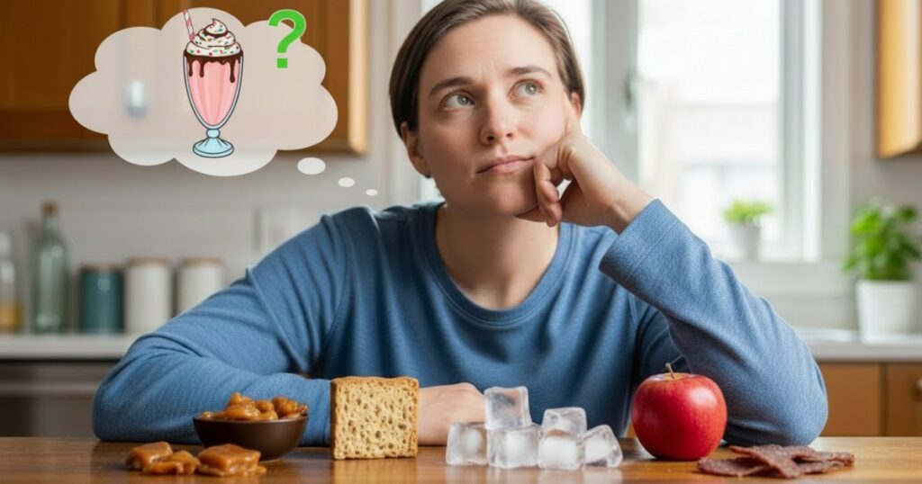 Woman pondering a milkshake while sitting behind some hard, sticky, and chewy foods to avoid after a dental crown: ice, taffy, bread, apple, jerky beef.