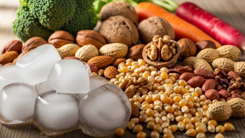 Close-up of ice cubes, mixed nuts (walnuts, almonds, peanuts), raw popcorn kernels, and vegetables; all are hard foods to avoid after a dental crown.