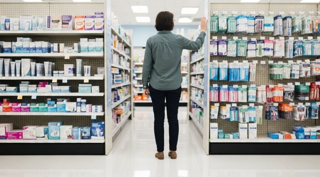 A woman browsing a pharmacy aisle to find the Best Teeth Whitening for Smokers among various dental care and stain-removing products.